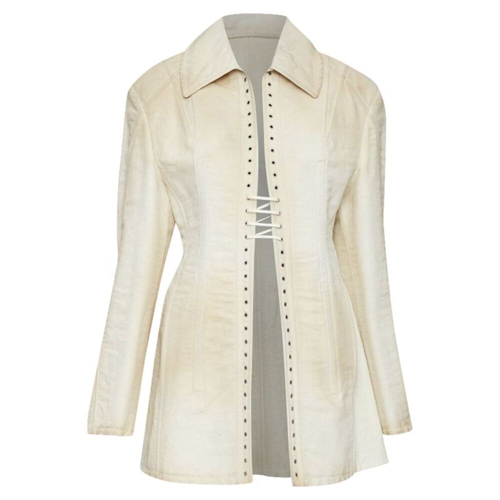 PRADA 2022 Runway Slub beige distressed canvas lace up corset jacket IT38 XS